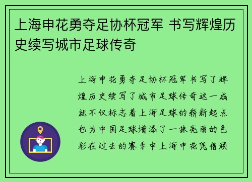上海申花勇夺足协杯冠军 书写辉煌历史续写城市足球传奇